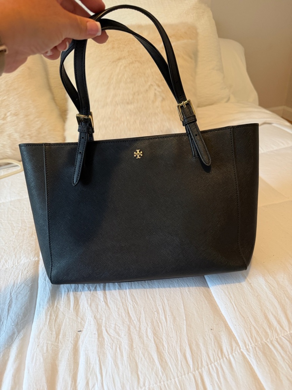 Tory Burch Black Saffiano Leather Tote with Gold Logo